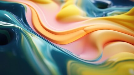 The close up of a glossy liquid surface abstract in green, blush pink, buttercup yellow, and navy blue colors with a soft focus. 3D illustration of exuberant. generative AI - obrazy, fototapety, plakaty