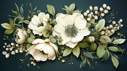 A bouquet of white flowers with green leaves