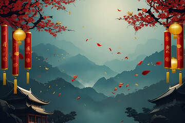Chinese new year red background with hanging lanterns