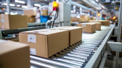 Boxes on a conveyor belt in a modern warehouse, depicting logistics, distribution, and package handling in a factory setting.