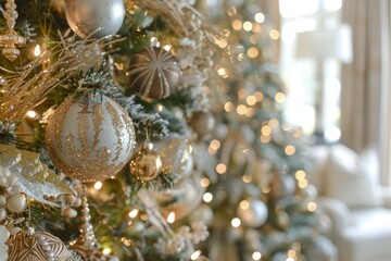 A closeup of a beautifully decorated Christmas tree in a living room, showcasing handmade ornaments, shimmering tinsel, and sparkling garlands