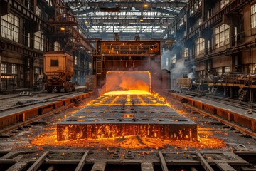 A steel foundry in action with molten metal pouring from the furnace, showcasing the intense heat and activity - obrazy, fototapety, plakaty