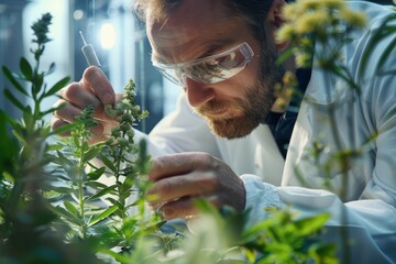 A botanist in a lab coat carefully examines a rare plant species, showcasing the meticulous process of plant analysis and research - obrazy, fototapety, plakaty
