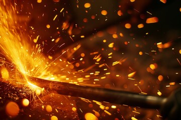 A detailed view of a piece of metal being hammered, emitting fiery sparks in a blacksmiths forge - obrazy, fototapety, plakaty