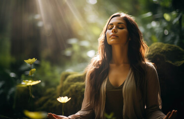 Meditation nature, women practicing yoga calm the brain through breathing exercises and mindfulness concept