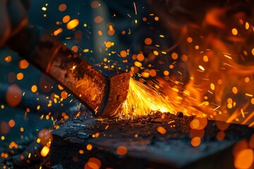 A blacksmith hammers a red-hot metal piece on an anvil, creating fiery sparks in a metal forge