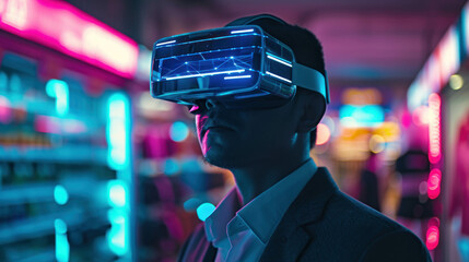 Man using virtual reality headset in smart city, VR future the concept of AI modern communication and technology