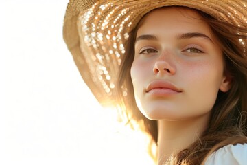Pretty Young Woman in Straw Hat and Sun-Kissed Glow photo on white isolated background