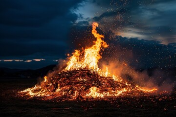 A large pile of fire burning intensely in the middle of a field at night, illuminating the surroundings with bright flames