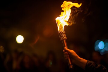 An individual holds a stick with blazing flames during a nighttime event, symbolizing unity, strength, and ignition