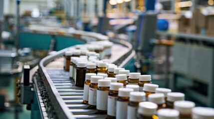 Pharmaceutical production line with medicine bottles on conveyor belt in a factory. Quality control in drug manufacturing process.