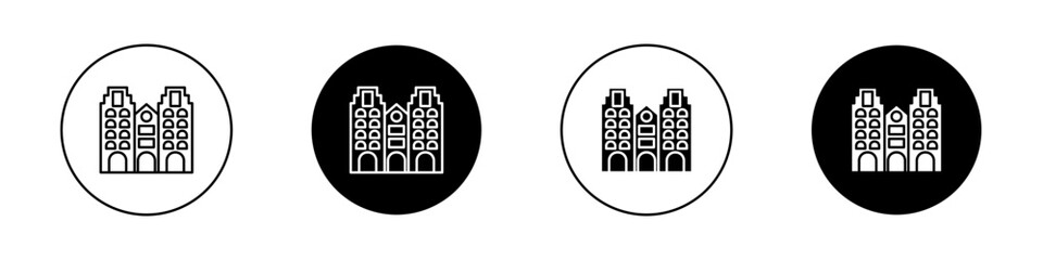 Amsterdam icon set. holland city house building vector symbol. dutch skyline sign. europe london buildings icon set in black filled and outlined style. - obrazy, fototapety, plakaty