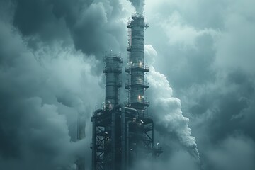 An industrial complex emits billowing steam against a moody sky, reflecting environmental and energy themes