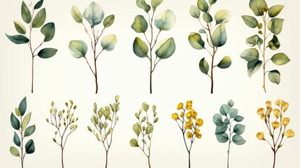 A collection of watercolor trees with varying shades of green and yellow