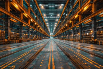 The image captures the vast, organized space within a large warehouse, highlighting its symmetrical structure - obrazy, fototapety, plakaty