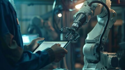 Industrial machinery mechanics hands programming a robotic arm with a tablet metal parts moving smoothly - obrazy, fototapety, plakaty