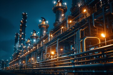 Majestic night scene of a vast industrial complex with glowing lights and a network of pipes and structures