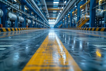 Low angle view of factory interior focusing on yellow safety guidelines on the floor amidst machinery - obrazy, fototapety, plakaty