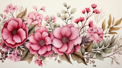 A painting of a bouquet of flowers with a pink background