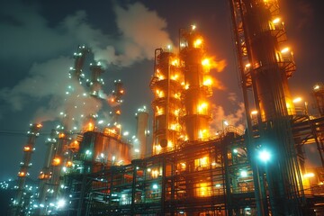 Fototapeta na wymiar A captivating image capturing an oil refinery's complexity and scale, brightly illuminated against the night sky