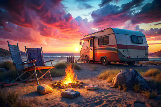 Sunset Beach Camping Caravan Campfire Relaxation Adventure Scenic Nature Travel