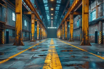 Fotobehang A symmetric view of an abandoned industrial hall with a prominent yellow line leading through it © Larisa AI