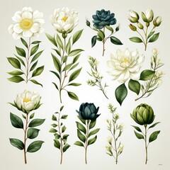 A collection of flowers and leaves in various colors and sizes