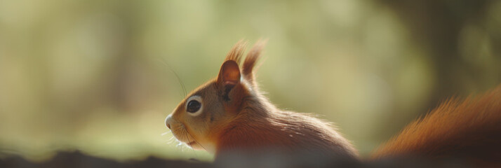 Red squirrel in soft morning light peering behind a tree in the forest