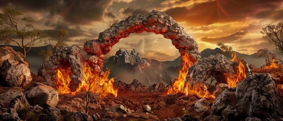 Hell gate in the heart of an ancient kingdom dark magics awakening as magenta flames lick ancient stones - obrazy, fototapety, plakaty
