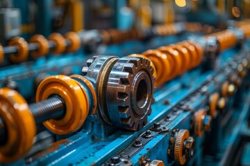 Sharp detailed photo of precision gears in a row on a blue mechanical production line, symbolizing efficiency