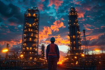 A silhouette of an engineer overlooking glowing refinery towers against a sunset sky, depicting industry growth