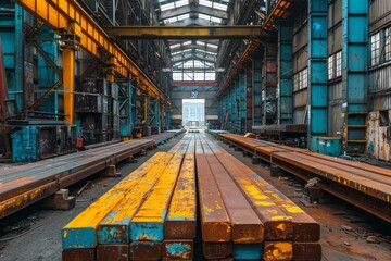 Dilapidated steel factory interior with colorful rusty beams and abandoned machinery, a remnant of industr