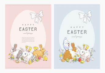 Happy easter greeting card set with hand drawn easter bunny, chicken, hen, eggs and flowers on pink and blue background. Egg frame. Vector illustration
