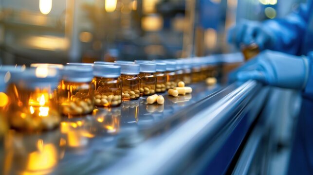 Pharmaceutical production line with vials and pills, technicians in blue gloves overseeing the process in a sterile environment.