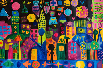 A colorful painting of a cityscape with a person standing in the middle