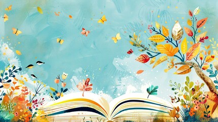 for the International Children's Book Day an appealing bright background in a children's book style suitable for writing over