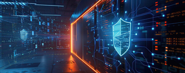 Digital antivirus protection, 3D-rendered firewall in a cyber landscape, dedicated space for text