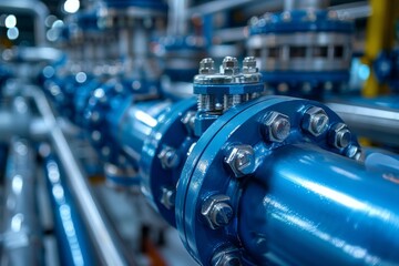 Detailed view of blue pipelines with bolts and nuts in an industrial environment, showcasing complexity and engineering - obrazy, fototapety, plakaty
