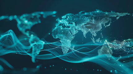 A blue and white image of the world with a lot of dots