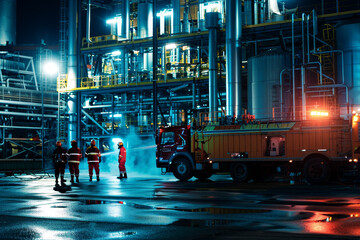 A group of firefighters are standing in front of a large industrial building
