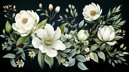 A black and white floral painting with white flowers