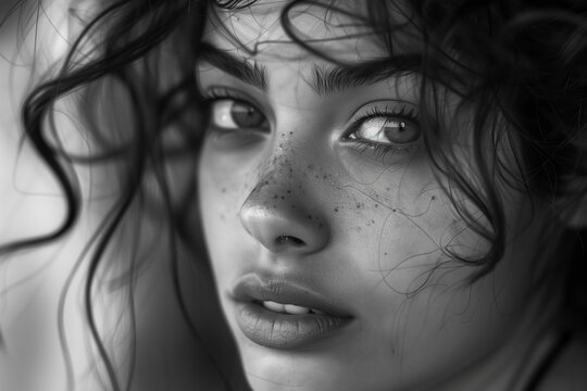 Beautiful woman with freckles, beauty, portrait, young adult, black and white image