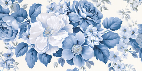 Blue floral pattern on a light background, textured fabric, wallpaper