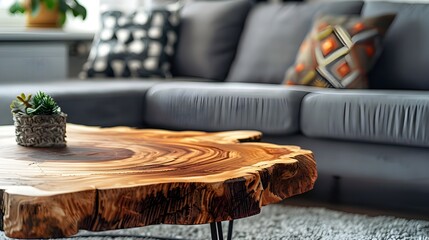 Close up of natural wood rustic live edge coffee table near grey sofa. Minimalist home interior design of modern living room.