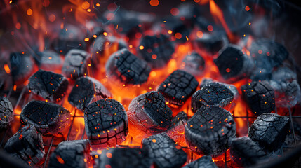 Barbecue Grill Pit With Glowing And Flaming Hot Charcoal Briquettes, Close-Up, Hot charcoals in fire. Close-up of Ember and Flames in Fire Pit, Generative AI