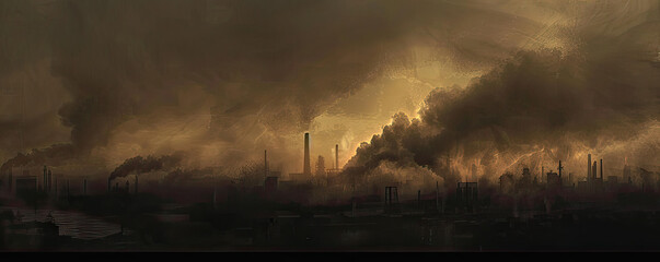 Obraz premium Blackened economy under coal smoke, gas haze enveloping, twilight canvas for text