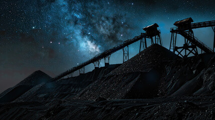 Coal heaps overshadowing economic growth, gas emissions, starlit sky for text