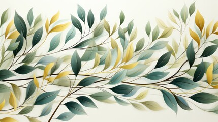 A leafy green branch with yellow leaves - obrazy, fototapety, plakaty