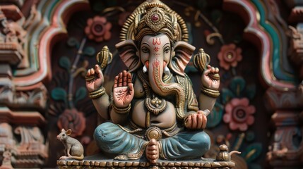Ganesha seated with a modak in hand removing obstacles with his wisdom and intellect a mouse at his feet - obrazy, fototapety, plakaty