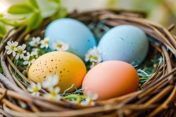 Naklejka na ściany i meble Painted Easter eggs nestled in a springtime nest